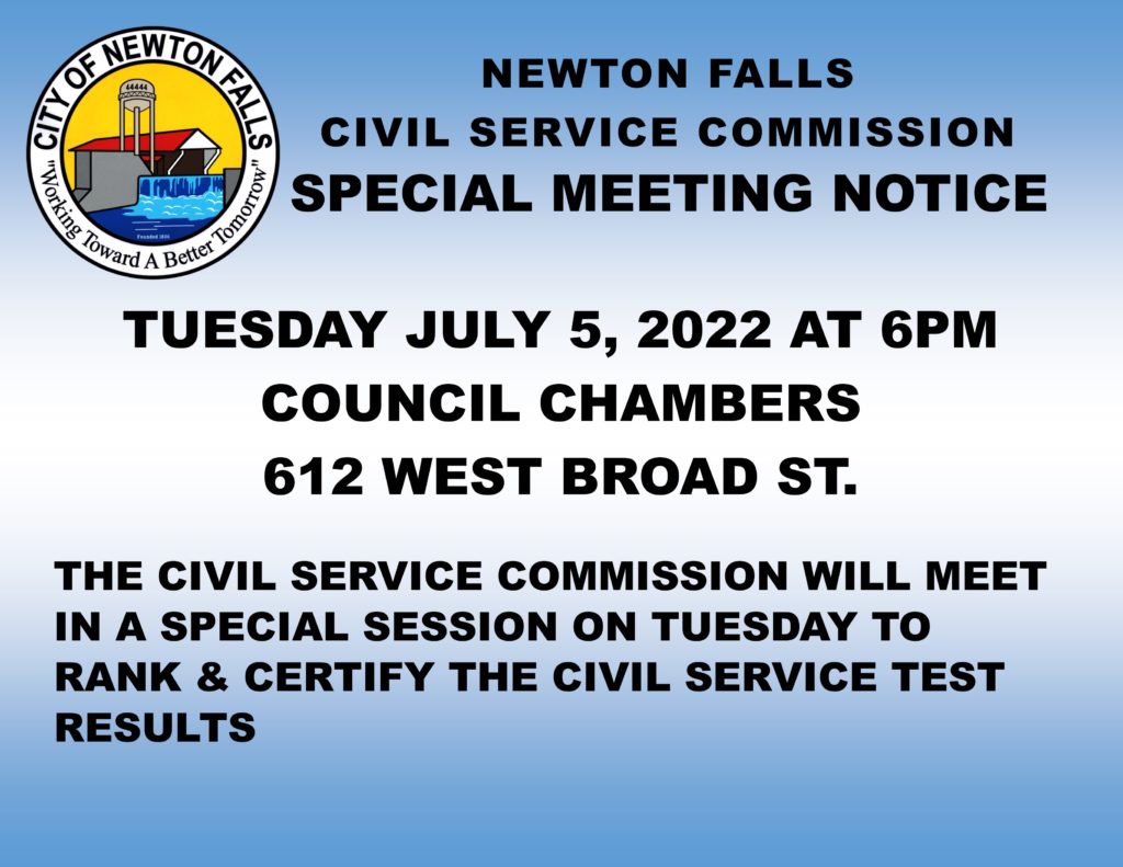 SPECIAL MEETING NOTICE NEWTON FALLS CIVIL SERVICE COMMISSION City of