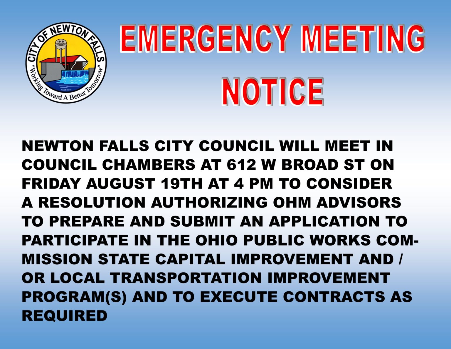 EMERGENCY MEETING NOTICE - City of Newton Falls